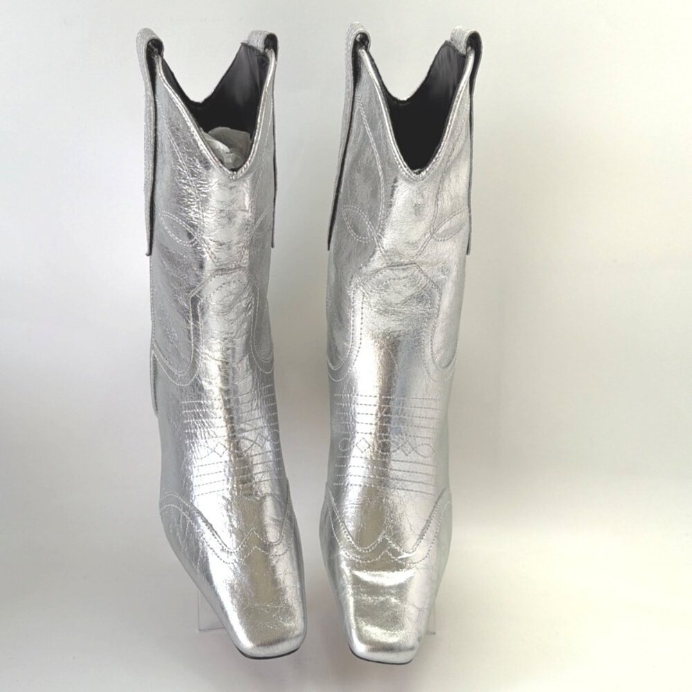 Steve Madden Josefine Western Boot Silver Leather Block Heel Calf Boots Size 8 - Picture 5 of 10